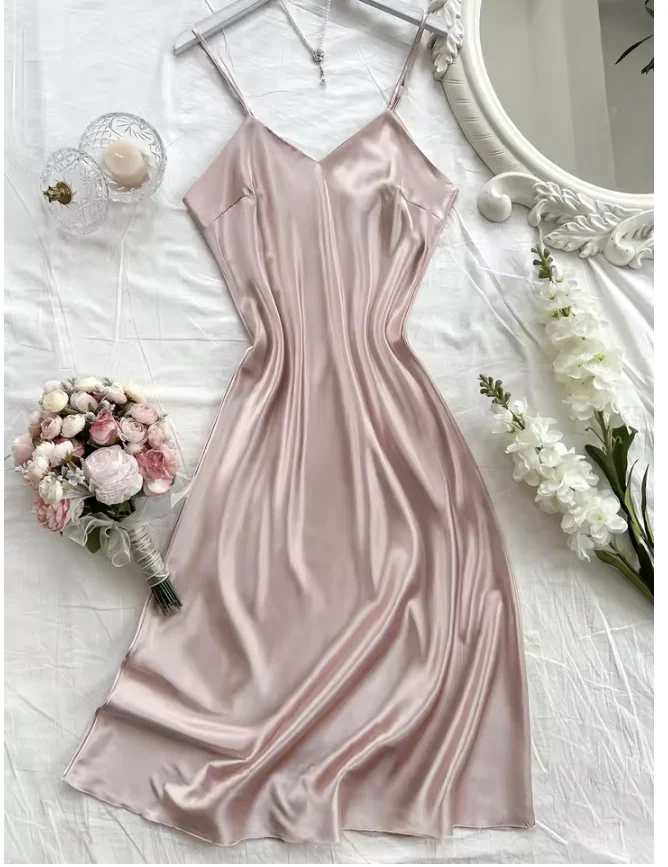 Elegante camisón de noche para mujer, sexy, cómodo y de corte largo, pijama de color liso para mujer.