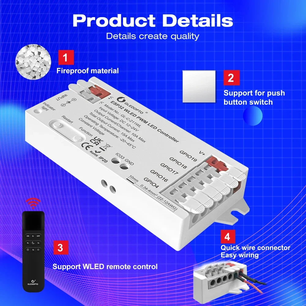 GLEDOPTO ESP32 PWM WLED LED Controller 5 Modes in 1 DC 12-24V WiFi App Control For RGBCCT RGBW RGB WWCW CCT Dimmer Strip Light