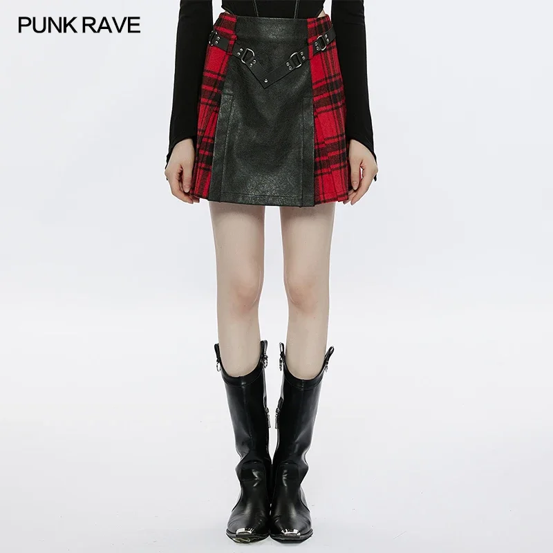 PUNK RAVE Women's Punk Black+red Plaid Splicing Skirt Rivet Metal Buckle Belt Daily A-Line Personality Mini Skirts