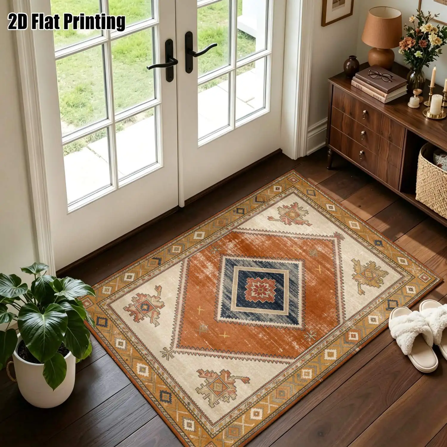 1Pc 2D Printed Carpet: Orange & Blue Geometric Diamond Patterns, Retro European/Bohemian Style, Machine Washable, Multi-Size, for Entryway, Dining Room, Bedroom, Living Room Home Decor