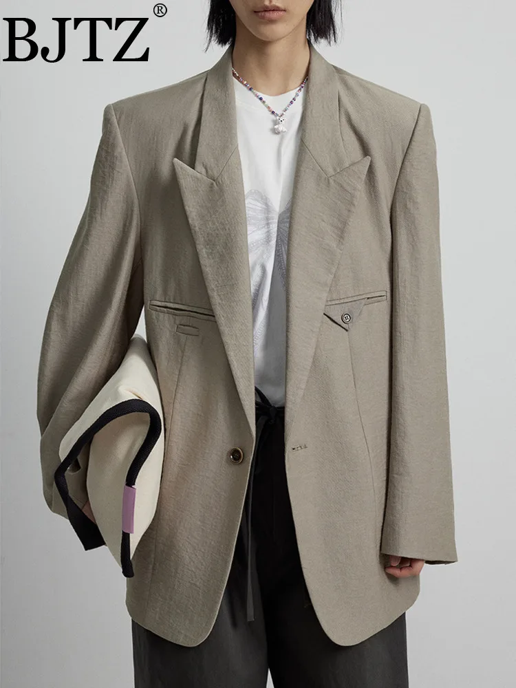 

BJTZ Solid Color Linen Pleated One Button Lapel Loose Long Sleeved Blazer Jacket For Women 2025 Spring Summer New Clothes