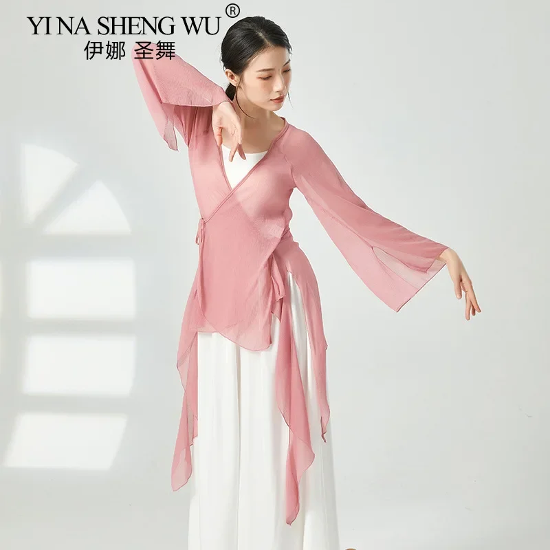 Top con maniche a tromba per danza classica Abiti da pratica Abiti da donna Top Camicia cardigan per spettacoli di danza cinese