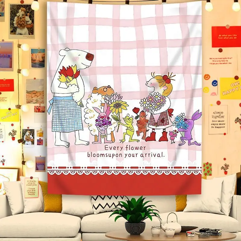 VIKAMA Pink Cute Cartoon Kids Tapestry, Kawaii Soft Wall Hanging, Sweet Girls Bedroom Dorm Decor Aesthetic Photo Backdrop Cloth