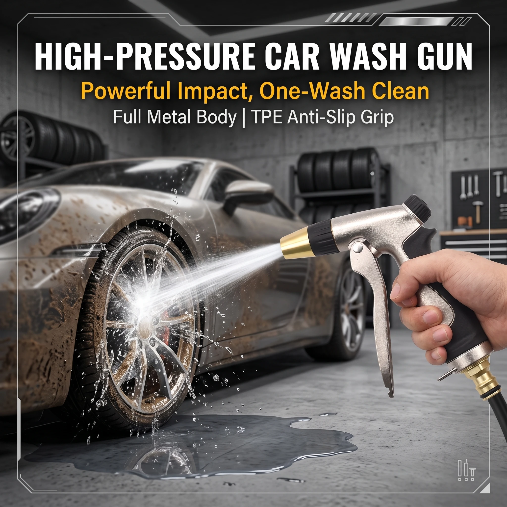 Full Metal High Pressure Car Wash Gun TPE Anti-slip Handle Brass Nozzle Sprayer For Car Garden Pet Floor Cleaning