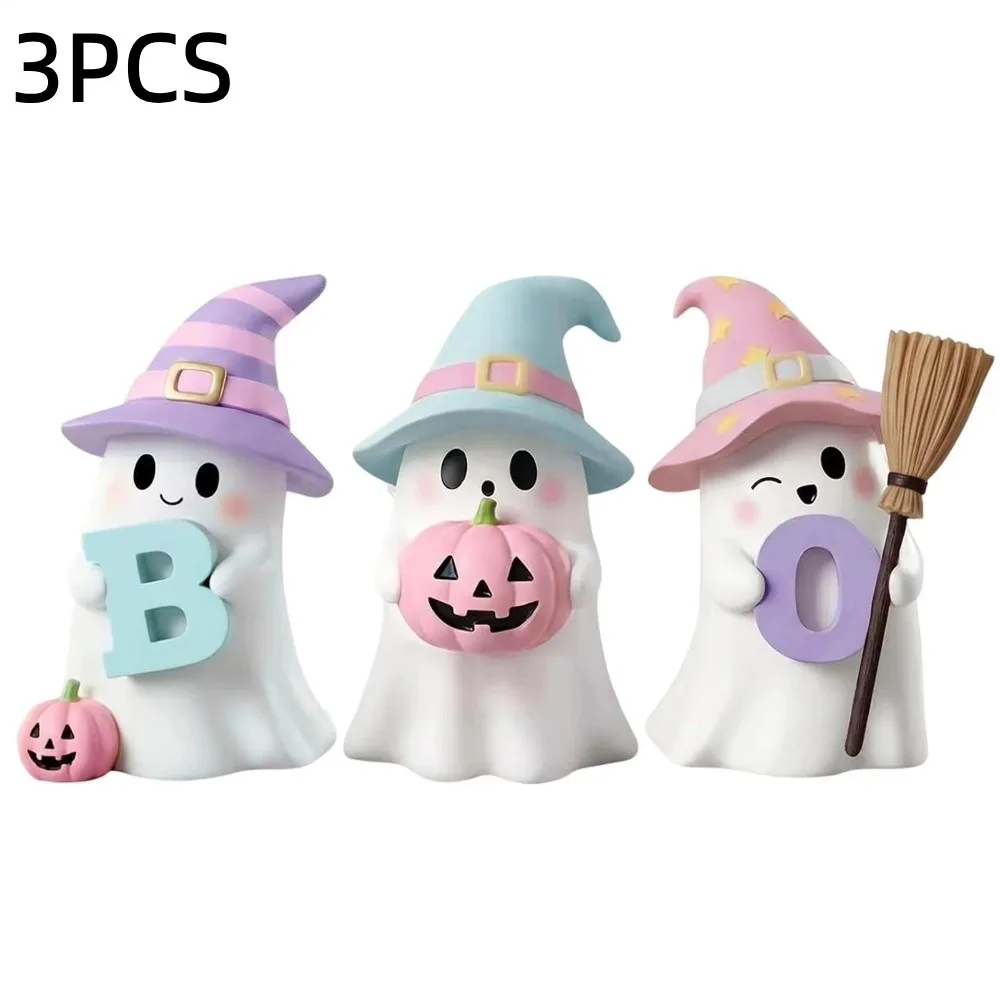 Cute Ghost Hug Solid Resin Ghost Figurine Hand Painted Cute Style Halloween Ornament Stable Standing Pink Tabletop Decor Desk