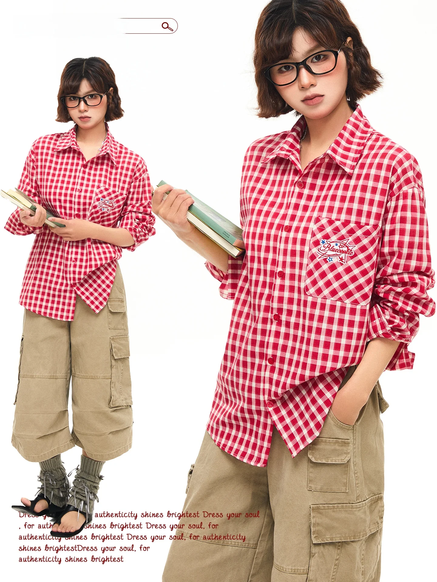 

Chen Zhanlao Store American Retro Color Blo Contrast Button Long Sve irt Women Sweet Loose Versatile Sun Protection irt