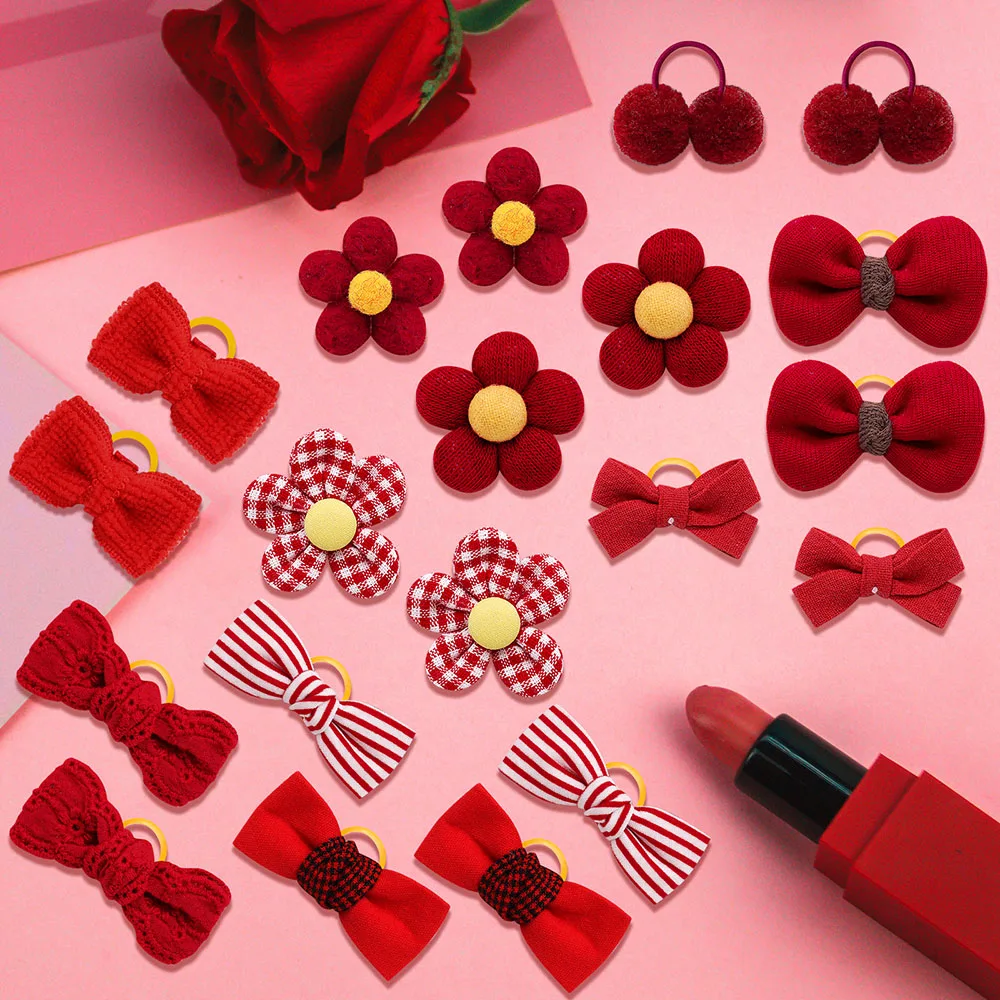 10PCS Dog Bows Cotton Red Series Pet Dogs Hair Bows for Rubber Bands Fashion Puppy Bow Grooming Accessories for Cat Dog Supplies