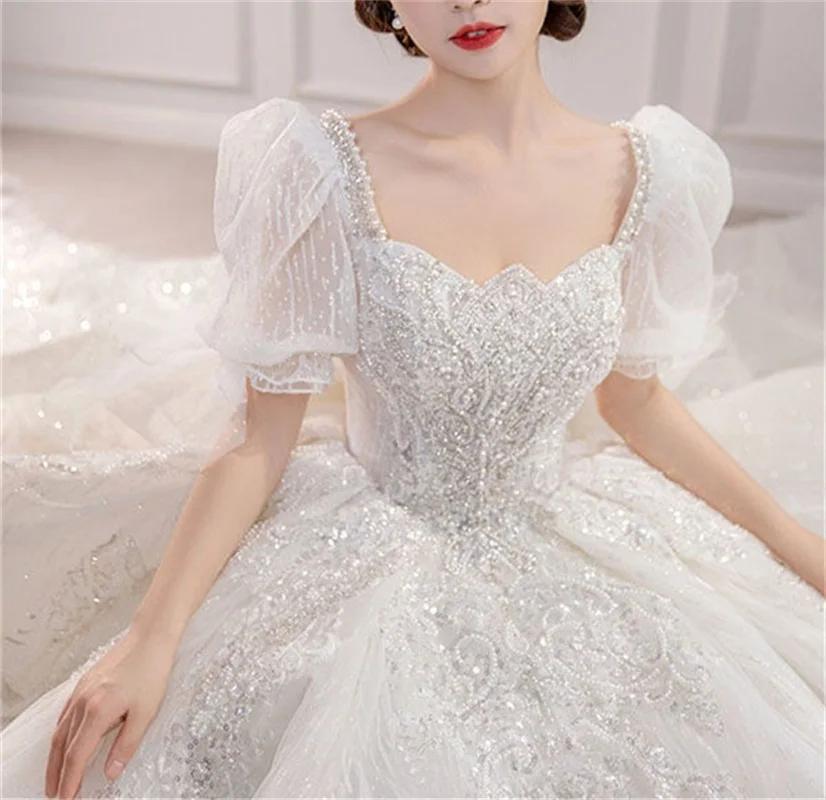 Robe De Mariée princesse à manches bouffantes, luxueuse tenue De bal à paillettes et perles en cristal, avec traîne