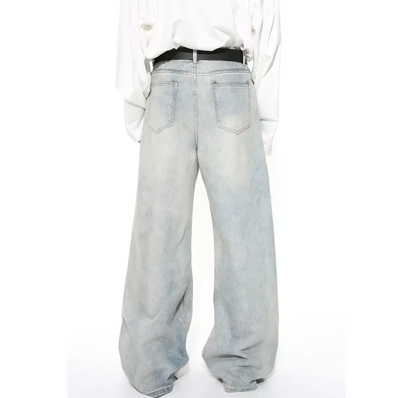 High Street Wear Boys New Color Light Blue Washed Straight Wide Leg Jean Trousers Men Loose Style Baggy Denim Pants