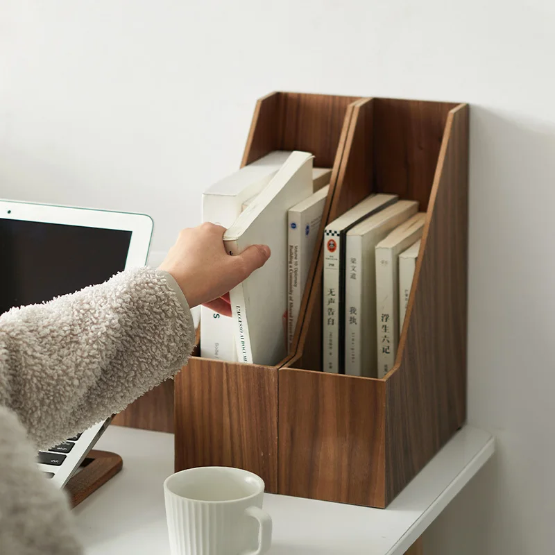 Japanese Style File Box for Office Desktop Storage Frame Black Walnut Veneer Book Shelf Saving Space Desktop Organizer - Image 3