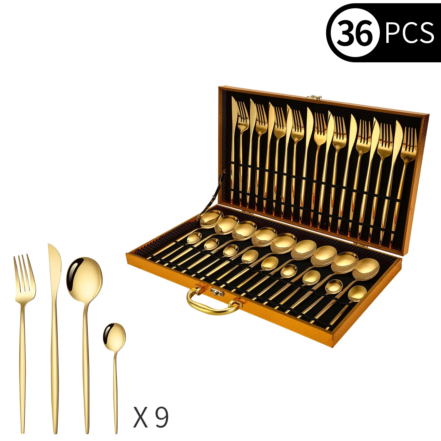 

Stainless Steel Portuguese Cutlery Set of 36 Pieces Hotel Western Tableware Gold Wooden Box Steak Knife Fork Spoon Luxurychic