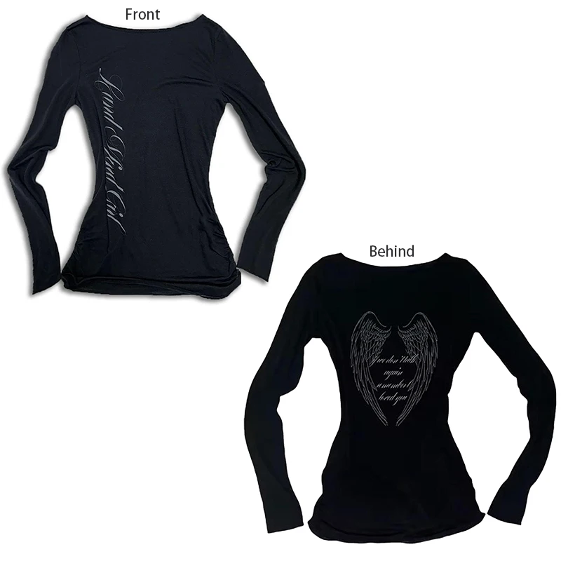 Y2k خمر المرأة البكر Harajuku الملابس عادية ريترو المرقعة رسالة مطبوعة بأكمام طويلة تي شيرت الخريف 90s الملابس اليومية