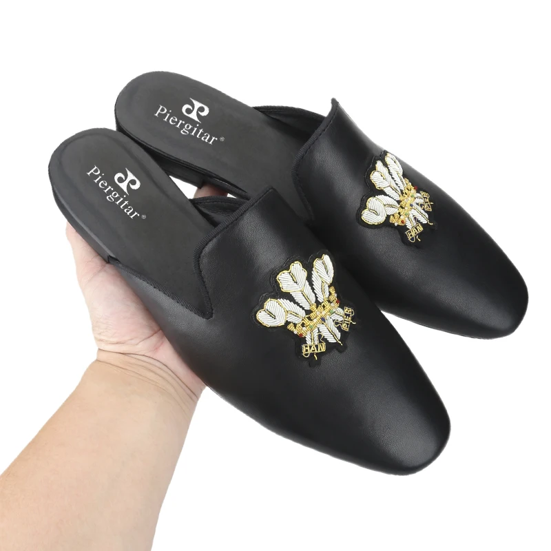 Piergitar Summer New Style Black Genuine Leather Men's Mules With Handmade Customized Patterns Patch Slip-On Slippers Red Sole