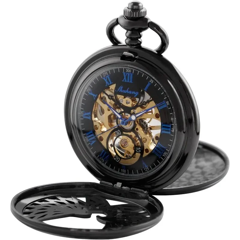 Men's double-open case black wings design mechanical pocket watch, skull case Roman digital mechanical pocket watch