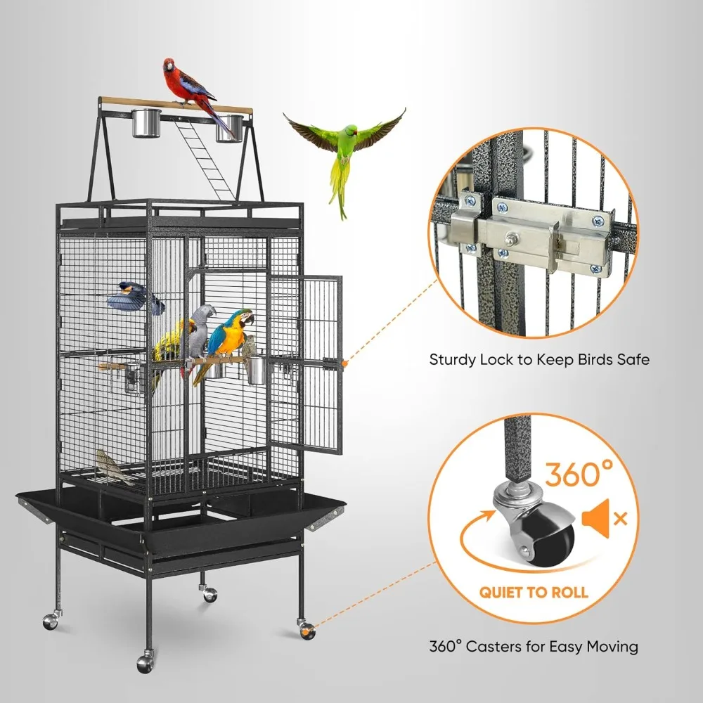 68-inch Large Bird Cage with Rolling Stand African Grey Parrot Chinchilla Finch Cage Conure Cockatiel Cockatoo Pet House Wrought