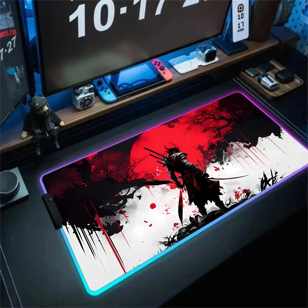 RGB Mouse pad Japanese samurai pattern gaming mat rubber anti-slip Desk Mat LED glow Gaming keypad mousepad gamer pc accessories