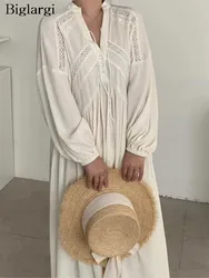 Spring Long Dress Women Lace Patchwork Fashion Hollow Out Ladies Dresses Ruffle Pleated Korean Style Loose V-Neck Woman Dress