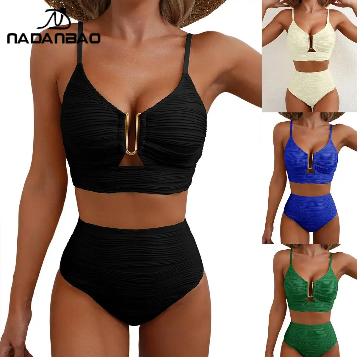 

Nadanbao Sexy 2 Piece Set Split Swimsuit Women's Hollow Textured Fabric Slim-Fit Sexy Pit Metal Decoration Women's Swimsuit Set