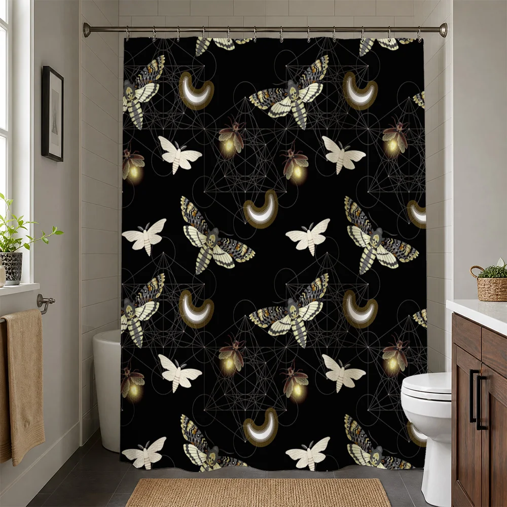 Waterproof Black Shower Curtain Boho Moth Butterfly Pattern Gothic Insect Design Bathroom Curtain Liner for Modern Home Decor