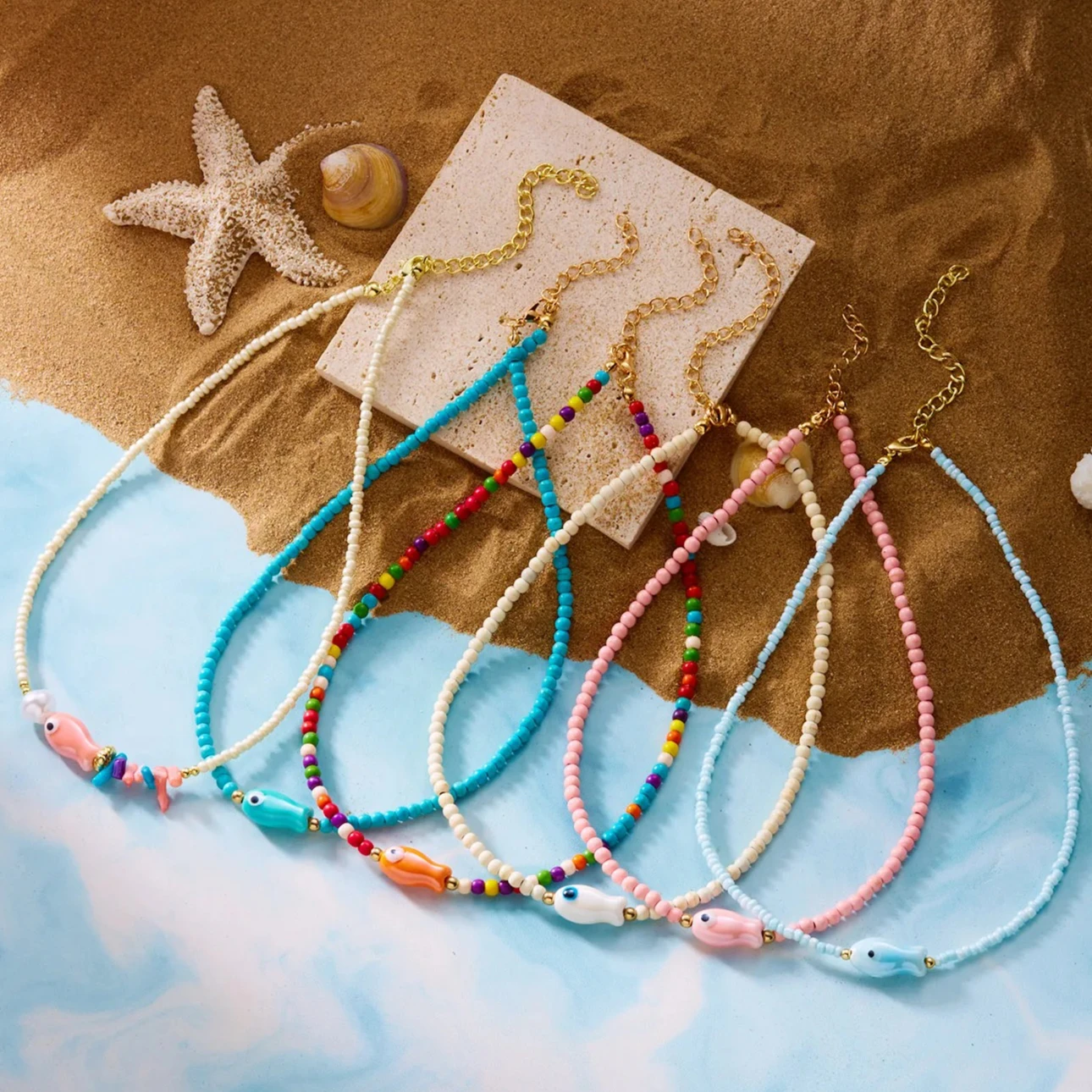 الملونة السيراميك الأسماك مطرز قلادة للنساء للجنسين اليدوية الأرز الخرز المختنق الشاطئ حفلة الجمالية سحر مجوهرات هدايا