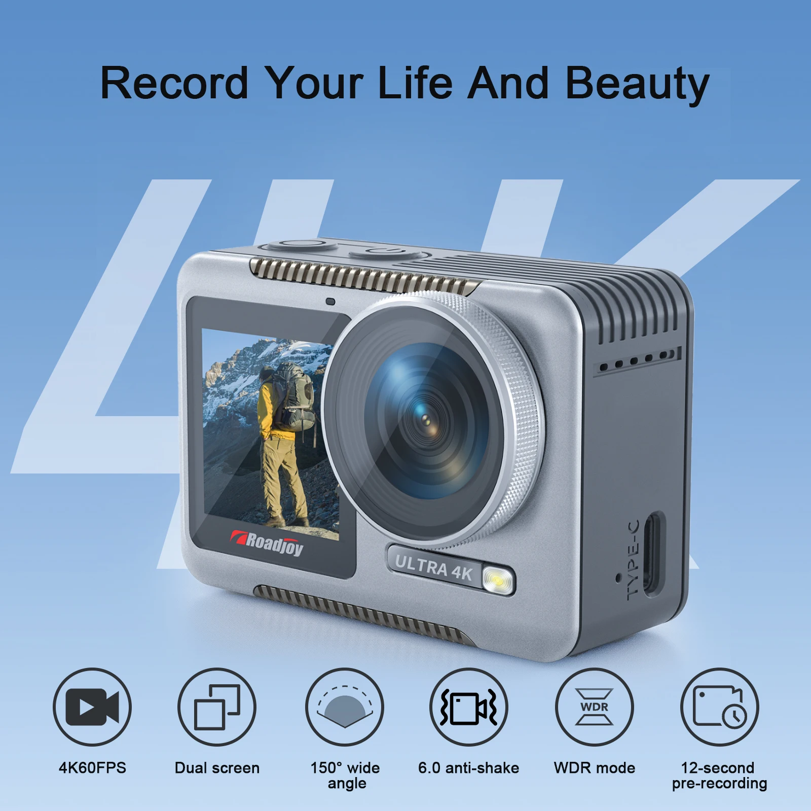 Roadjoy AC02 WiFi Action Camera 64G Card 4K 60FPS Dual Screen 150° Wide Angle 30m Waterproof Sport Camera with Remote Control