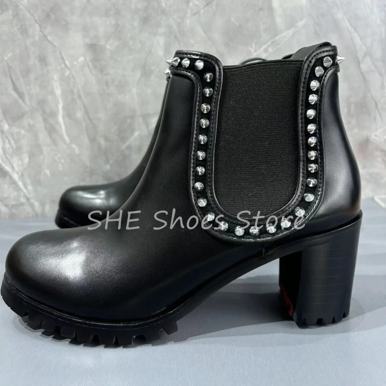 

Fashion Design Rivet Decor Women Chelsea Boots Goth Balck Genuine Leather High Heel Ankle Boots Ladies Catwalk Dress Shoes