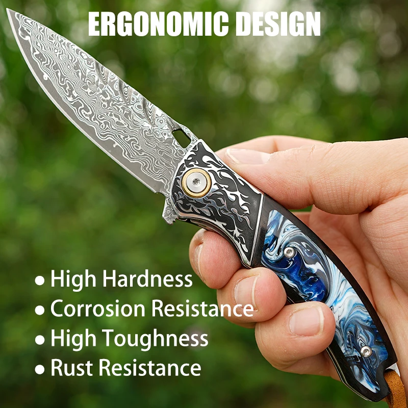 Damascus Steel Sharp Fruit Folding knife Tactical Saber Outdoor camping Hiking hunting survival knife EDC Tool Pocket Clip knife