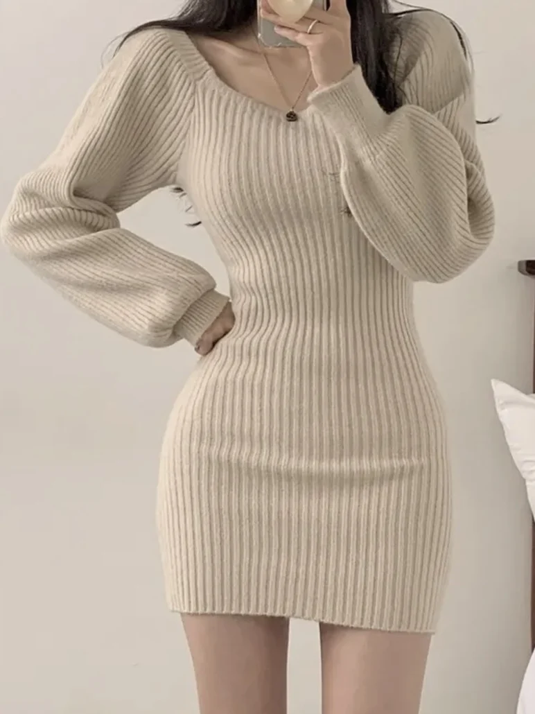 

Chic Knitted Bubble Sve Square Collar Bodycon Dr Women's Lantern Sve Base Layer Wrap around Skirt Autumn Faion