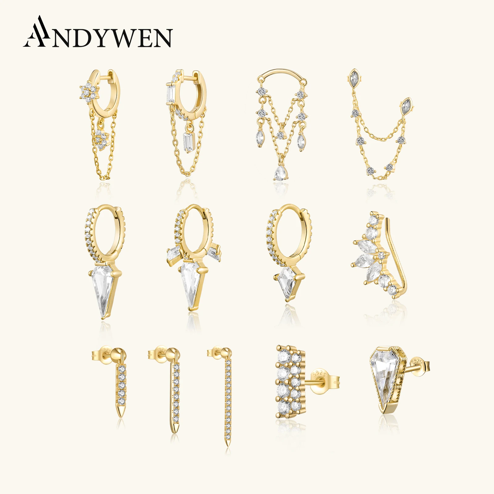ANDYWEN 925 en argent Sterling chaîne en or Zircon chaîne goutte boucle d'oreille ligne cristal CZ luxe Clips bijoux fins cadeau de mariage