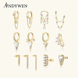 ANDYWEN 925 Sterling Silver Gold Chain Zircon Chain Drop Stud Earring Line Crystal CZ Luxury Clips Fine Jewelry Wedding Gift