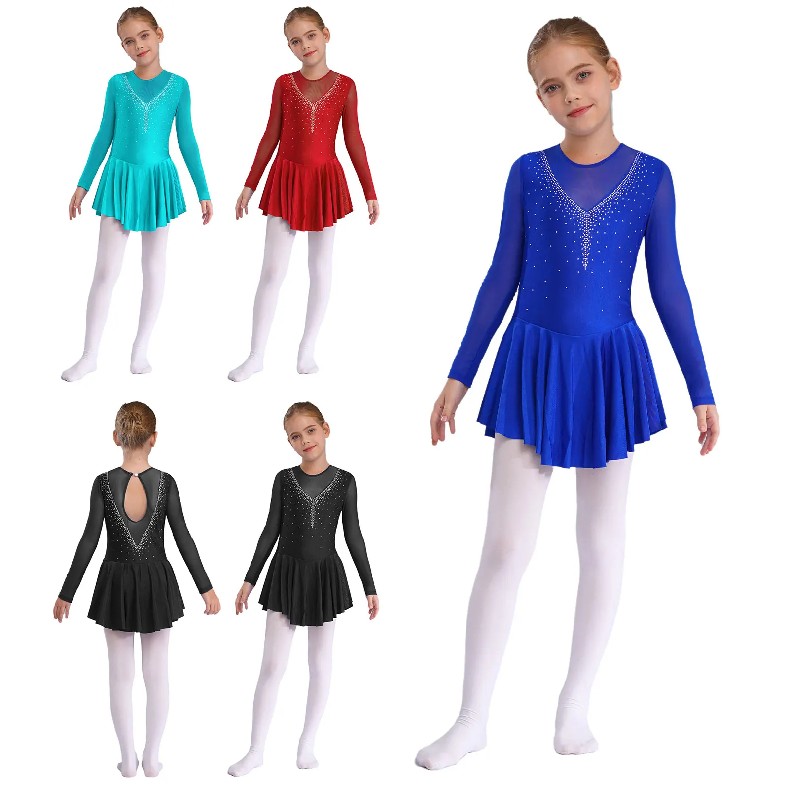Figure Skating Dress for Kid Girl Performance Costumes Long Sleeve V Shape Rhinestone Hollow Back Ballet Gymnastics Leotad Dress