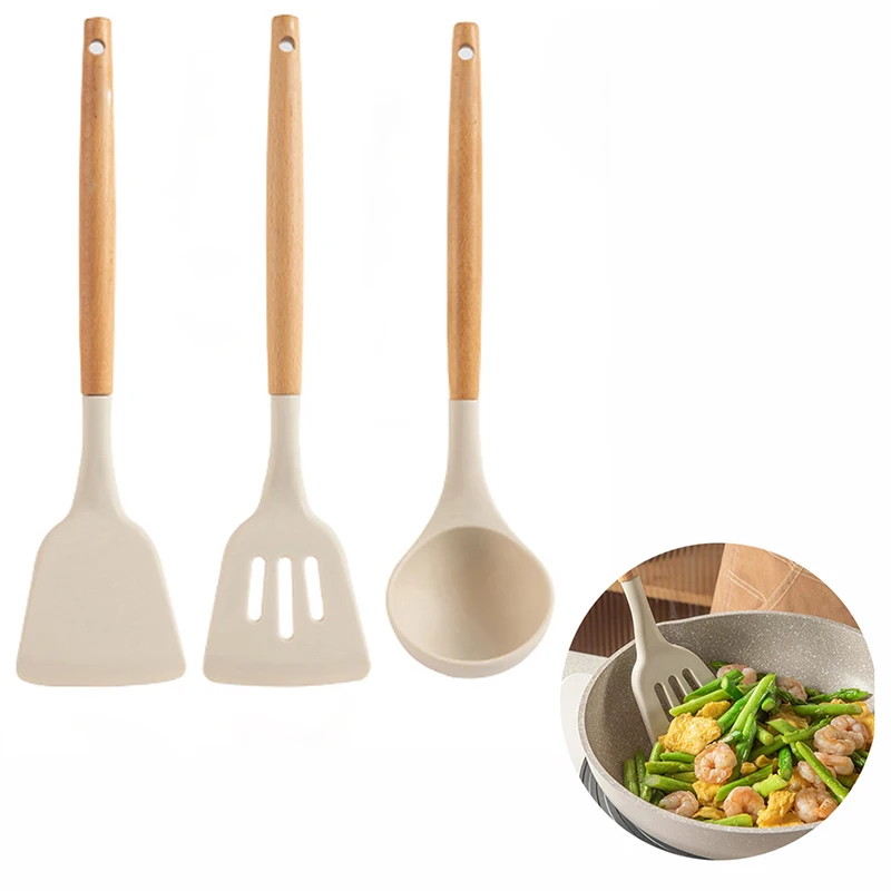 Heat Resistant Wooden Handle Spatula Soup Spoon Skimmer Home Cooking Spatula Non-Stick Cooking Set Kitchen Utensils