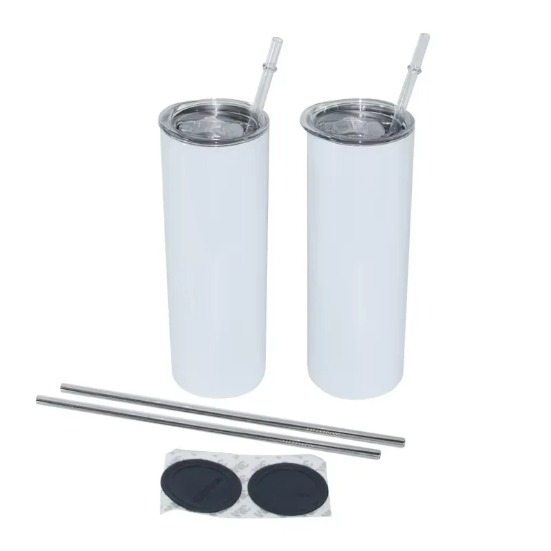25 шт. в упаковке, 20 унций, сублимационный белый стакан с двойными стенками из нержавеющей стали, прямой узкий стакан с пластиковой металлической соломой и резиновым дном Hu