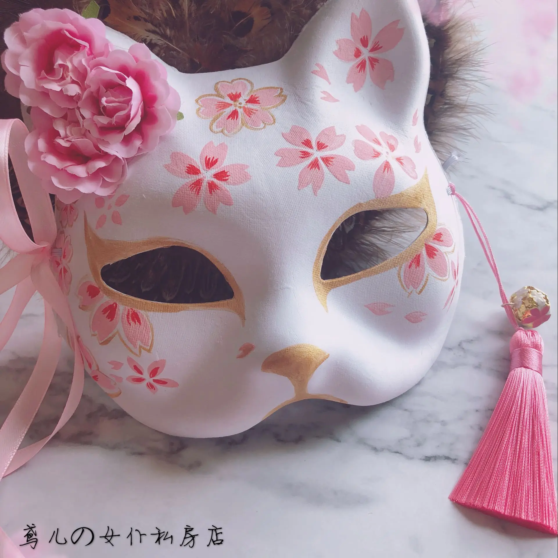 Japanese hand made mask hand-painted fox mask and wind cos performance props tassel bells mask