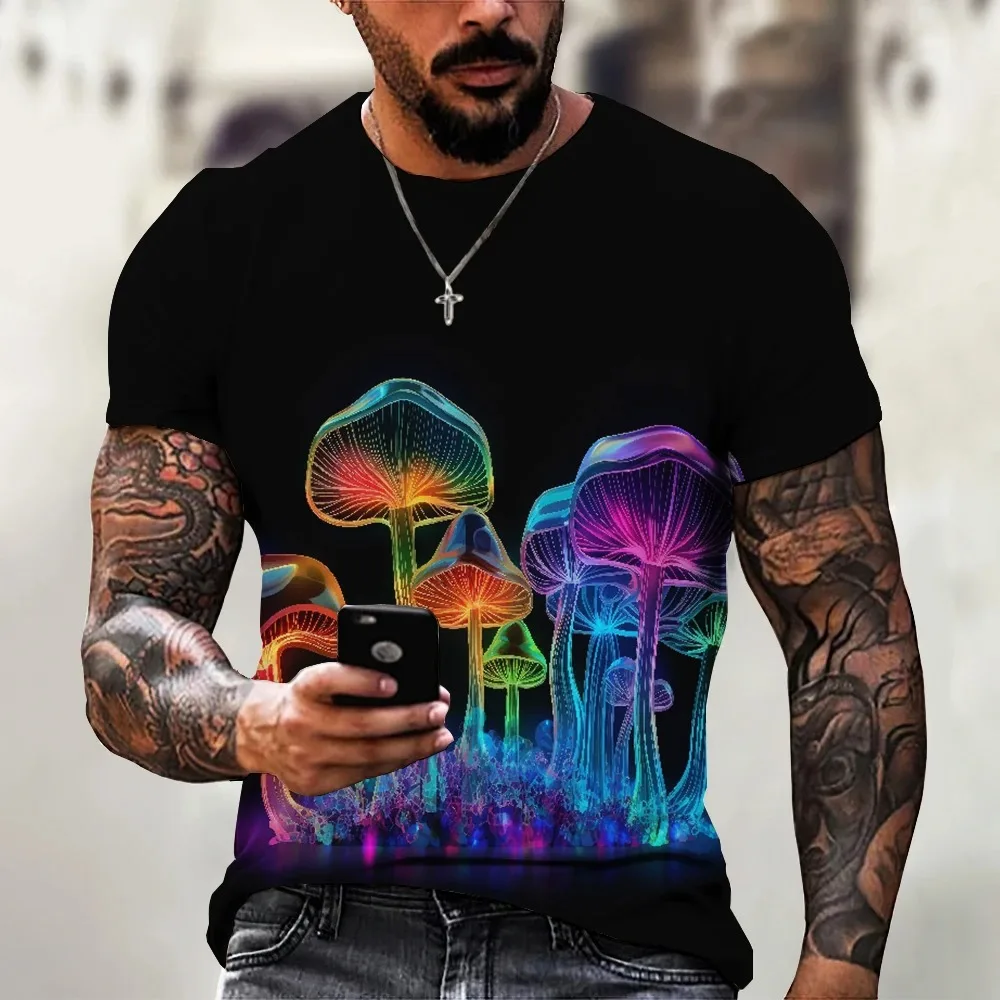 Summer Men\'s T-Shirt 3d Fun Mushroom Short-Sleeved Tshirt Tops Magic Mushroom Print Pattern Oversized Street Men Tshirt