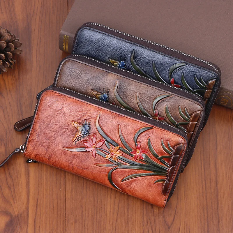 

2024 New first layer cowhide bag retro Chinese style novel and unique fashion multi-card long orchid embossed color purse E621