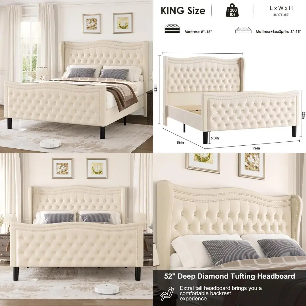 

Luxurious Velvet Button-Tufted Wingback Bed Frame with High Headboard and Footboard, Platform Style, No Box Spring Needed