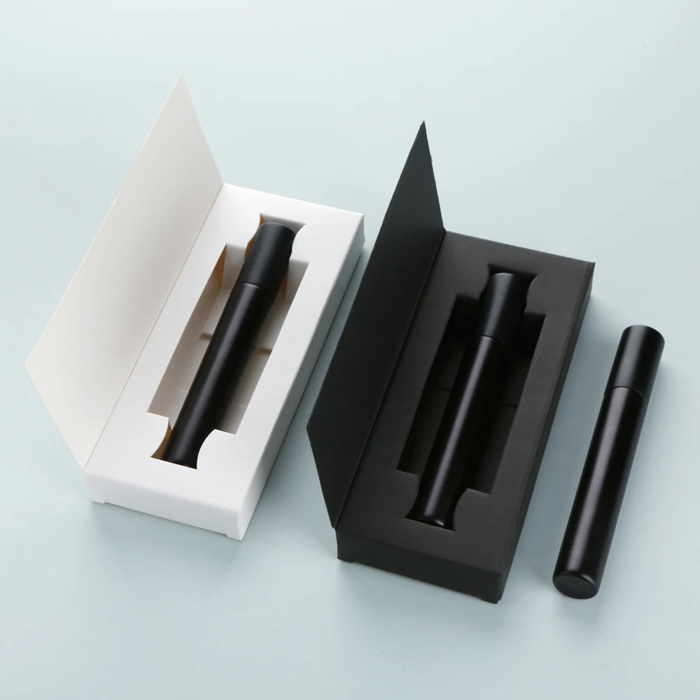 Bouteille de parfum noir mat de 15ml, avec boîte d'emballage et atomiseur, bouteille vide rechargeable, Portable et essentiel de voyage, 10/20 pièces