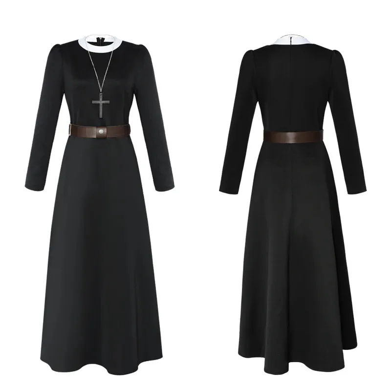 Halloween cosplay costume movie conjuning 2 nun costume, deadnun cosplay women black dress cross necklace belt party suits