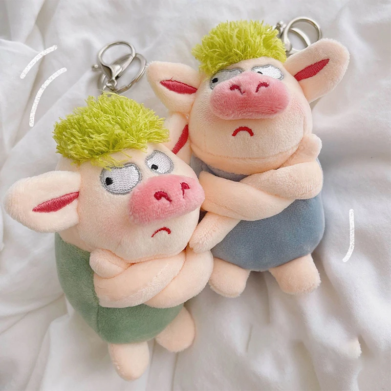 New Adorable Animal Keychain Funny Green Hair Plush Animals Angry Pig Doll Pendant Car Backpack Decoration Soft Stuffed Toy Gift