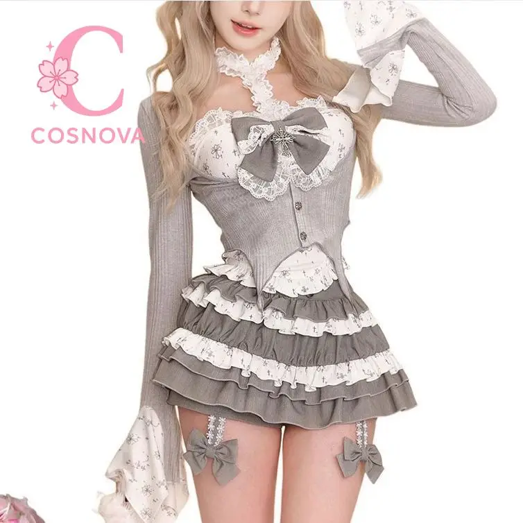 

Women Floral Halter Top Spring Summer Gray Cardigan Jacket Patchwork Tiered Cake Skirt 2 Piece Set Trendy Design Lolita Outfit