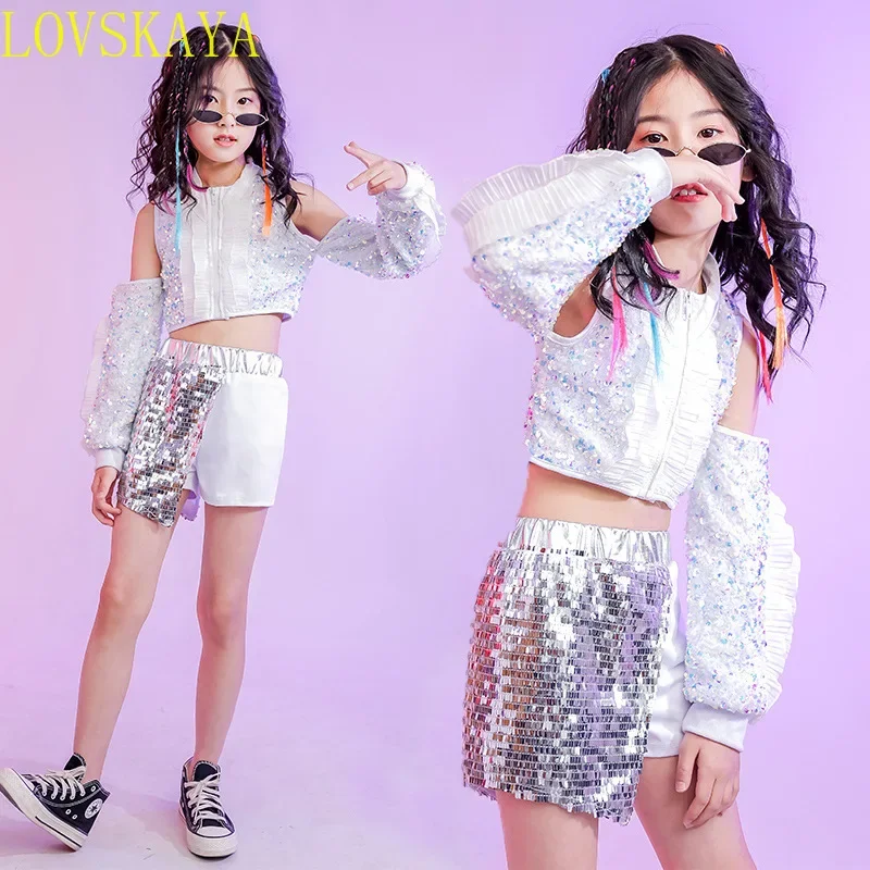 

Children's hip-hop jazz dance performance costumes sequins, white girl carnival costumes children's street dance runway costumes