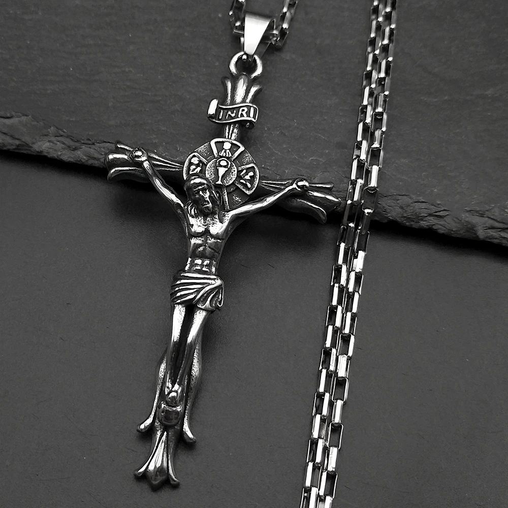

Christ Jesus Crucifix INRI Cross Big Pendant Necklace for Men Stainless Silver Color Hip Hop Chain Necklaces Amulet Jewelry