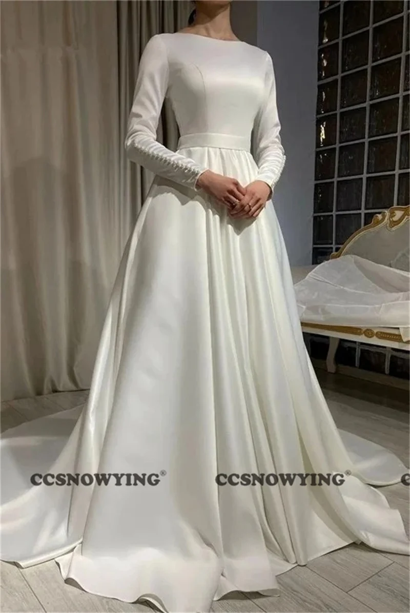 

Simple Satin Muslim Hijab Wedding Dress for Bride Long Sleeve Scoop Neck Islamic Bridal Gowns Women Arabic Robe De Mariée