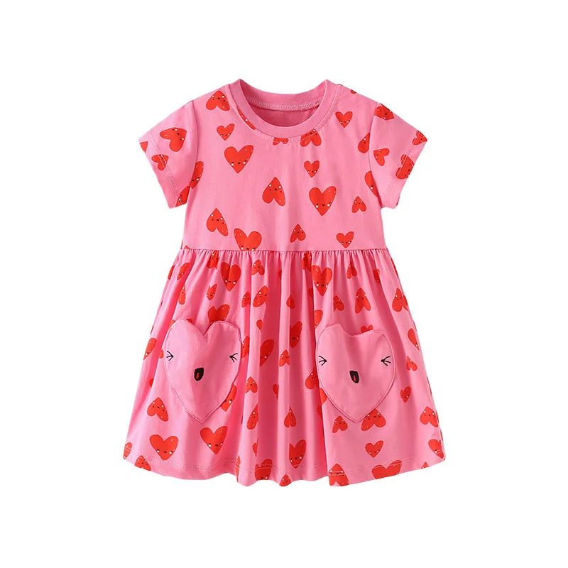 Jumping Meters Summer Hearts Pockets Girls Dresses Hot Selling Kids Princess School Casual Toddler Cute Frocks Children's Wear