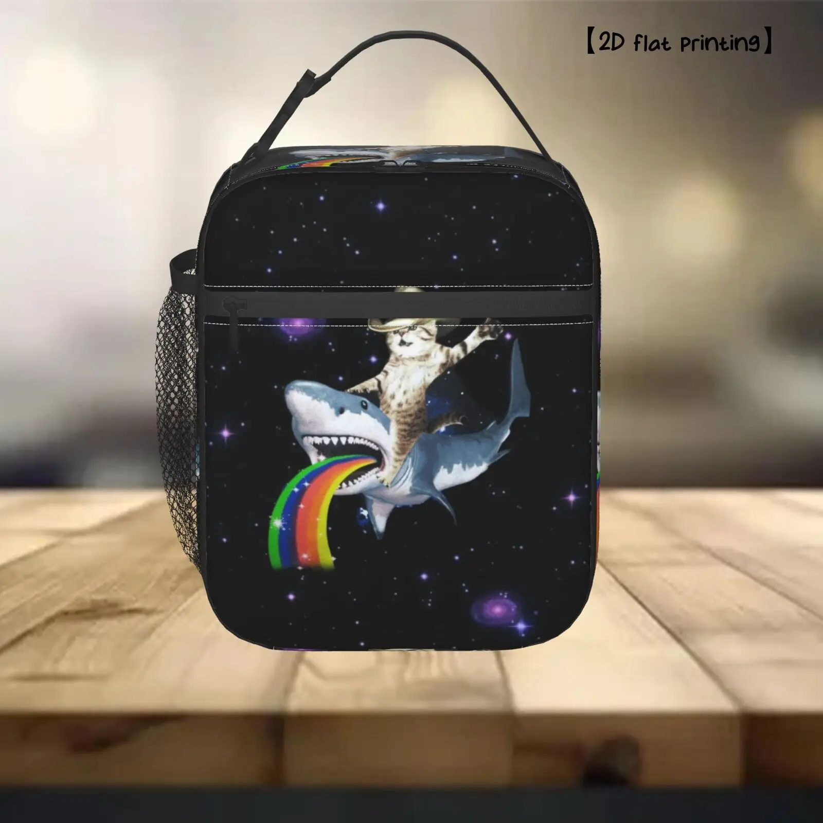 1pc [2D Flat Print] Fashionable Lunch Bag Featuring a Cat on a Shark, Reusable Bento Bag Suitable for Both Men And Women