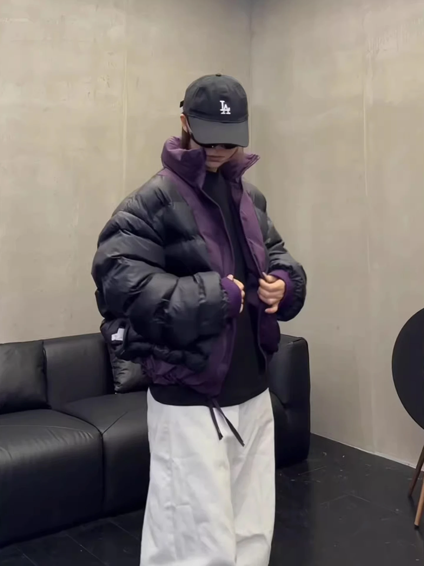 Purple Bomber ort Cotton Jaet Men's Winter Cleanfit Double-sided Wear Stand Collar Ribbed Cotton Coat Youth Faion - view 2