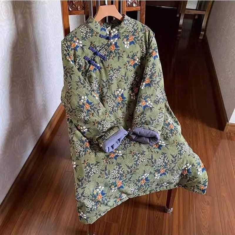 

Chinese Frog Button Corduroy Knee Length Dress Women Winter Warm Vestidos Stand Collar Flower Print Dresses Thick