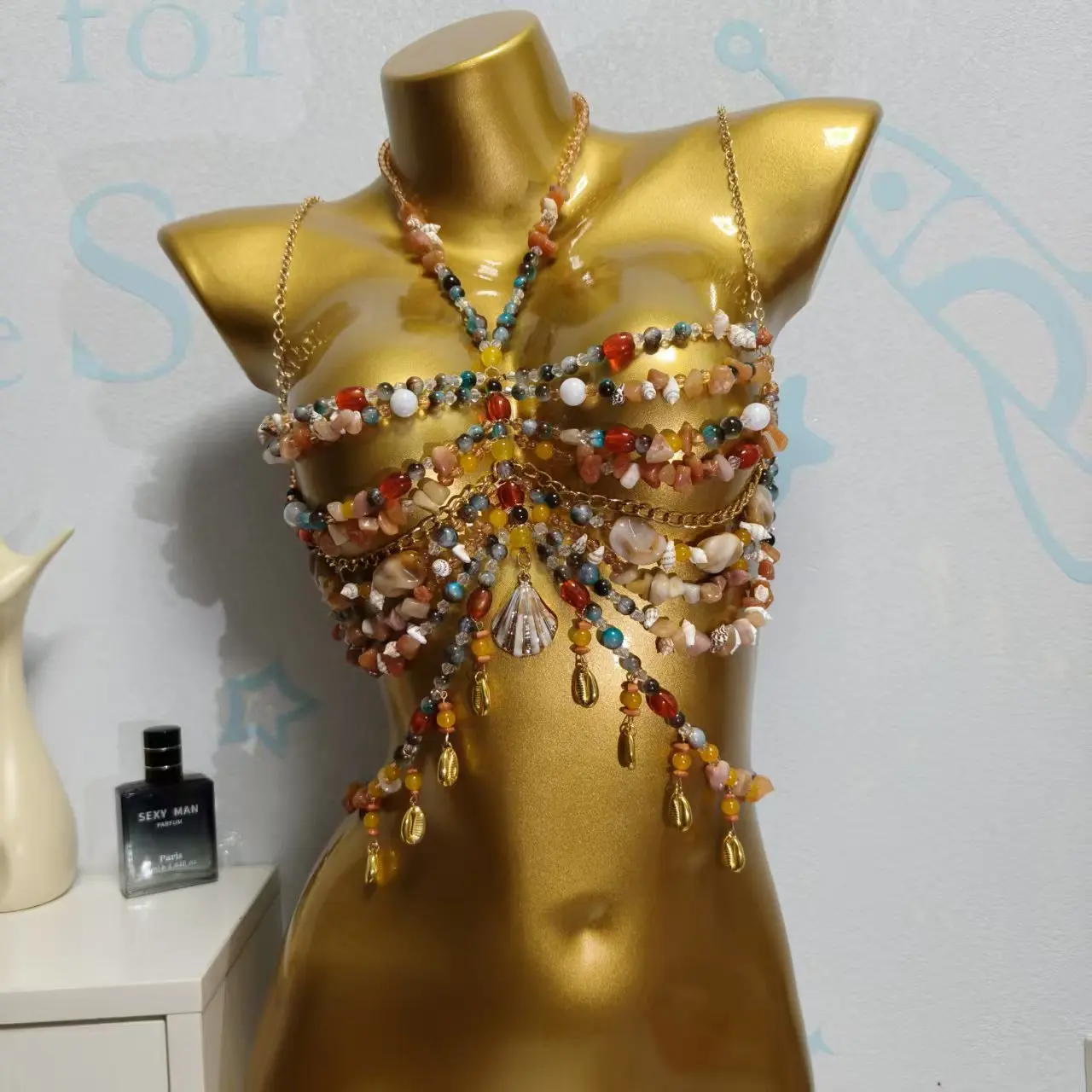 Handmade Crystal Bra Halter Green Beaded Layered Lingerie Harness Bralette Beaded Women Vest Neck Woman Tops Beachwear