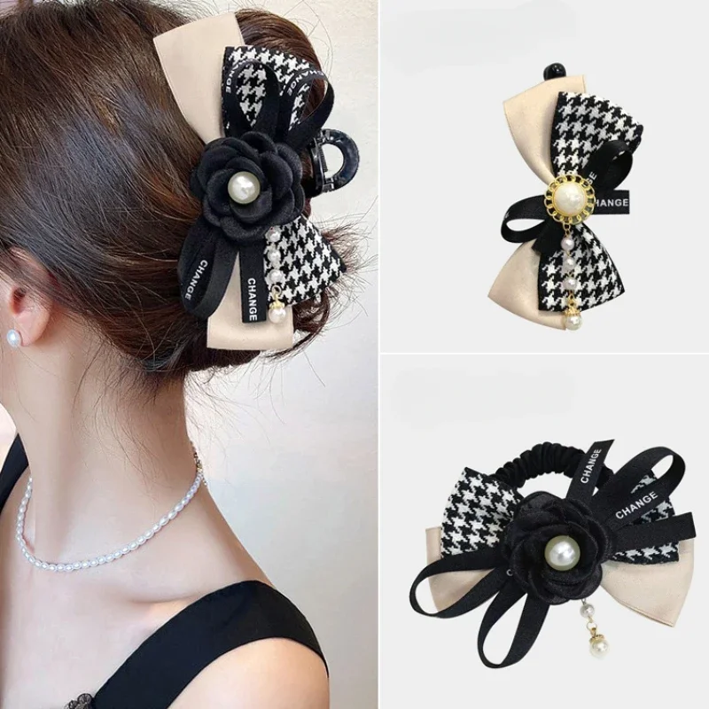 Fashion New Houndstooth Banana Hair Clip for Women Cute Camellia Flower Elegant Fabric Bows Korean Accessories Barette Cheveux